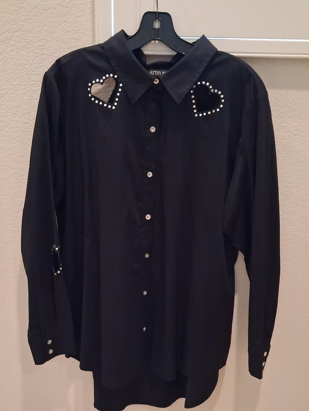 Black Pee-A-Boo Rhinestone Hearts Long Sleeve Shirt Womens Large.